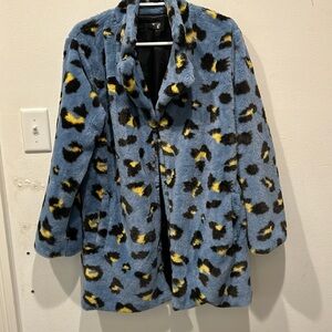 Super soft, lt.denim blue with yellow and black leo print, faux fur jacket.
